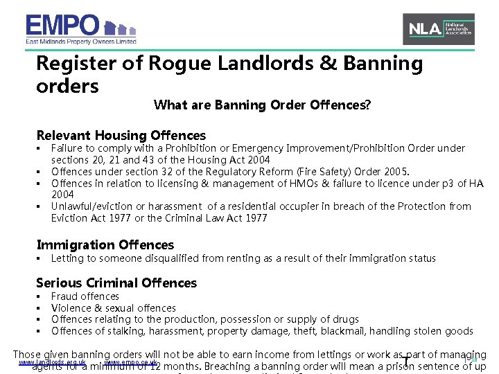 Register of Rogue Landlords & Banning orders What are Banning Order Offences? Relevant Housing