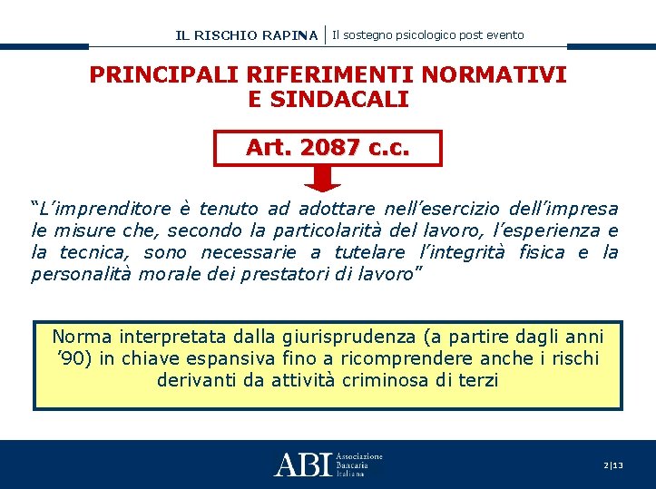 IL RISCHIO RAPINA Il sostegno psicologico post evento PRINCIPALI RIFERIMENTI NORMATIVI E SINDACALI Art.