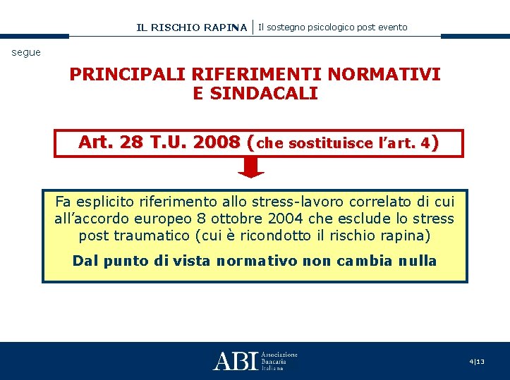 IL RISCHIO RAPINA Il sostegno psicologico post evento segue PRINCIPALI RIFERIMENTI NORMATIVI E SINDACALI