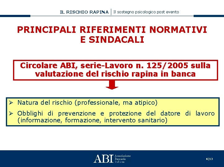 IL RISCHIO RAPINA Il sostegno psicologico post evento PRINCIPALI RIFERIMENTI NORMATIVI E SINDACALI Circolare