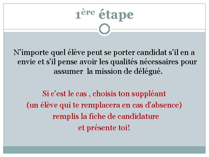 1ère étape N’importe quel élève peut se porter candidat s’il en a envie et