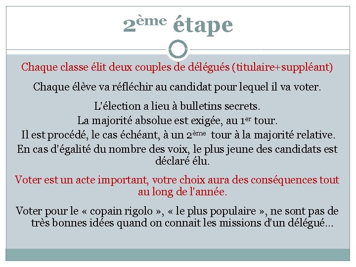 2ème étape Chaque classe élit deux couples de délégués (titulaire+suppléant) Chaque élève va réfléchir