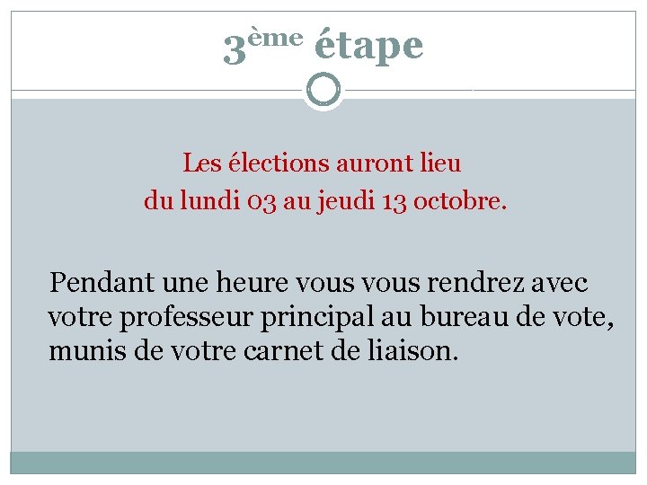 3ème étape Les élections auront lieu du lundi 03 au jeudi 13 octobre. Pendant