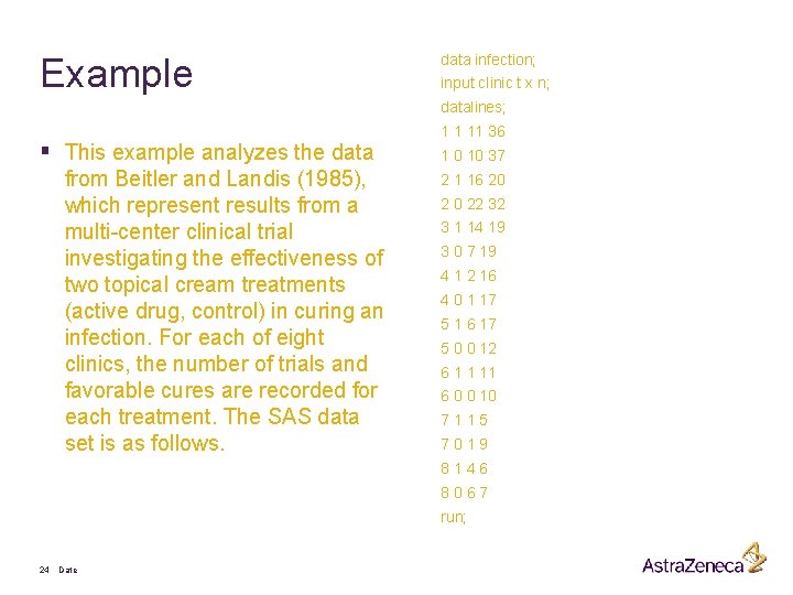 Example data infection; input clinic t x n; datalines; § This example analyzes the