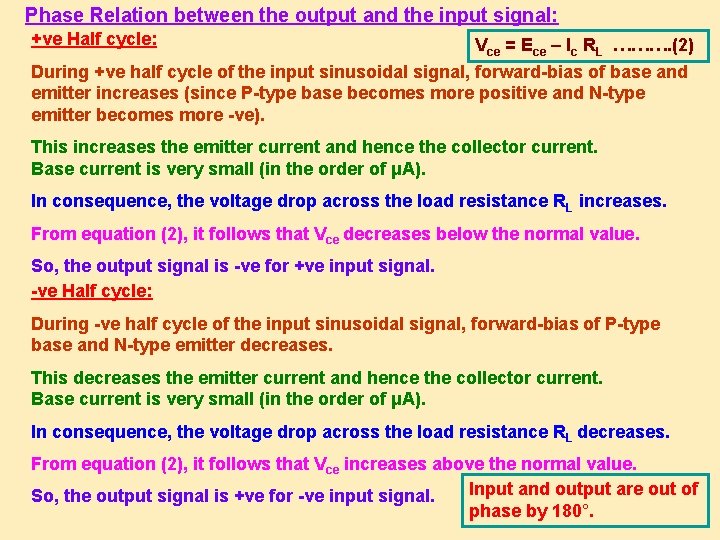 Phase Relation between the output and the input signal: +ve Half cycle: Vce =