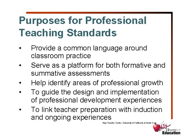 Purposes for Professional Teaching Standards • • • Provide a common language around classroom