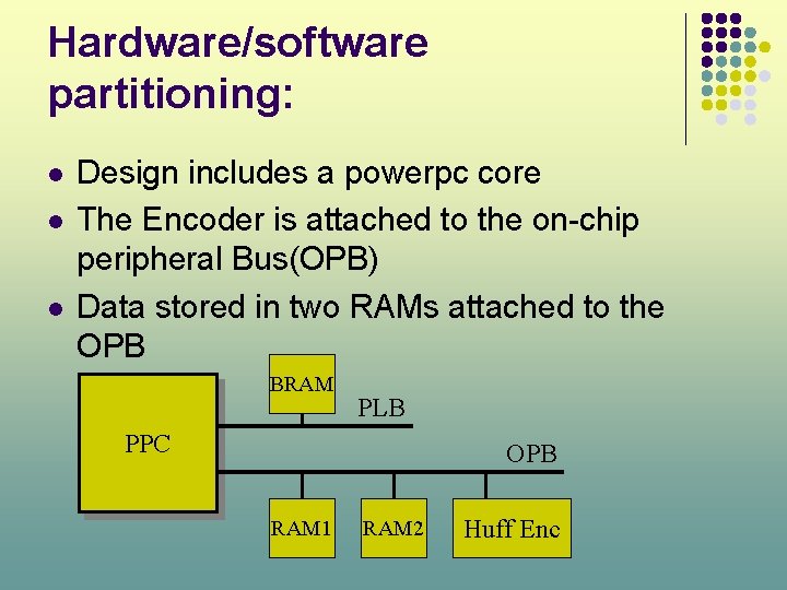Hardware/software partitioning: l l l Design includes a powerpc core The Encoder is attached