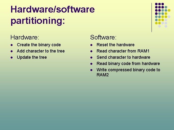 Hardware/software partitioning: Hardware: l l l Create the binary code Add character to the