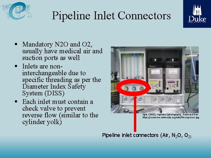 Pipeline Inlet Connectors Mandatory N 2 O and O 2, usually have medical air Pipeline Inlet Connectors Mandatory N 2 O and O 2, usually have medical air