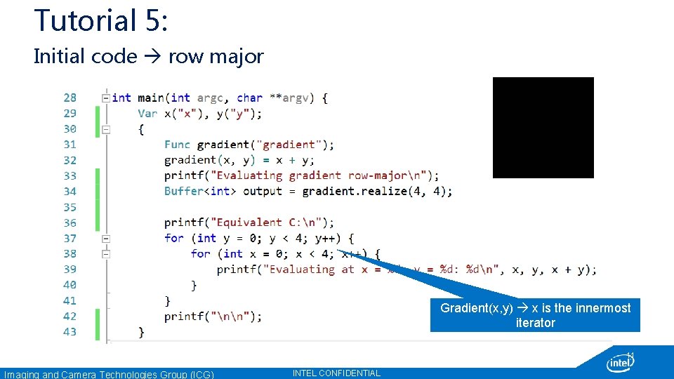 Tutorial 5: Initial code row major Gradient(x, y) x is the innermost iterator 11