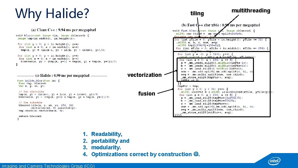 Why Halide? tiling vectorization fusion 1. 2. 3. 4. Readability, portability and modularity. Optimizations