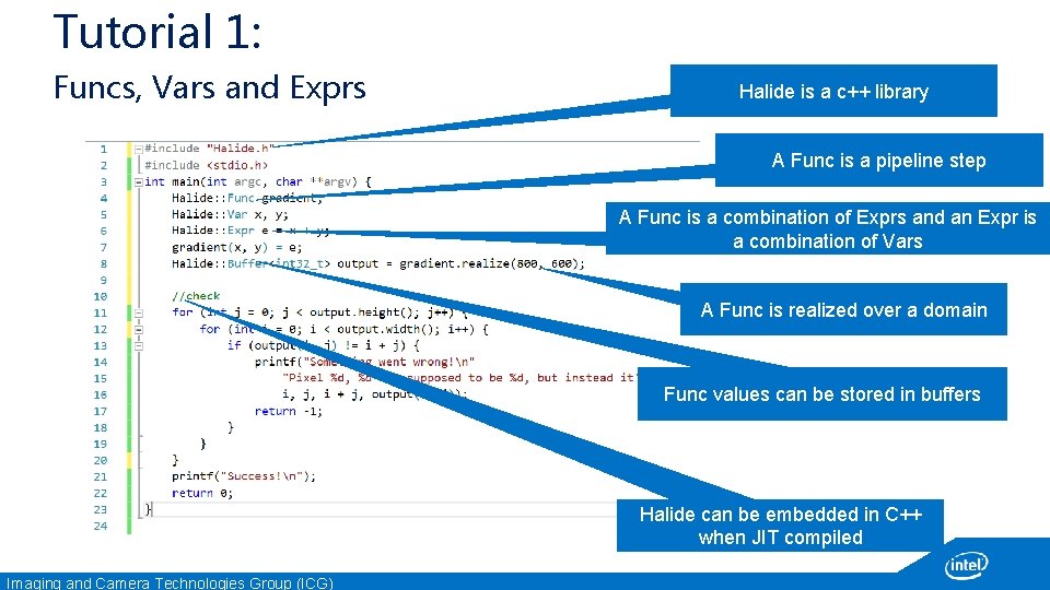 Tutorial 1: Funcs, Vars and Exprs Halide is a c++ library A Func is