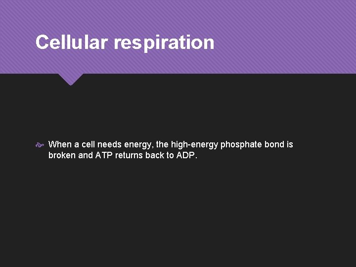 Cellular respiration When a cell needs energy, the high-energy phosphate bond is broken and