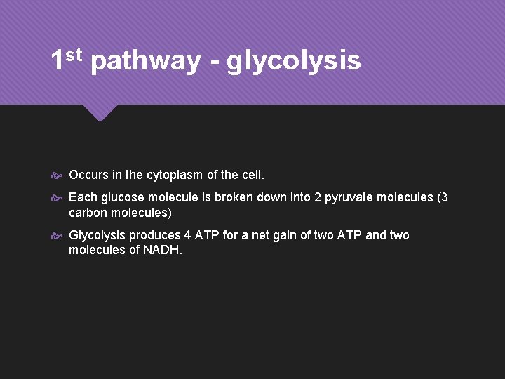 1 st pathway - glycolysis Occurs in the cytoplasm of the cell. Each glucose