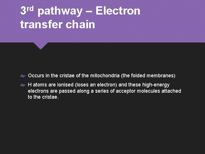 3 rd pathway – Electron transfer chain Occurs in the cristae of the mitochondria