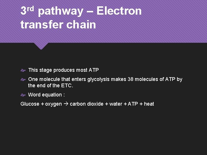 3 rd pathway – Electron transfer chain This stage produces most ATP One molecule