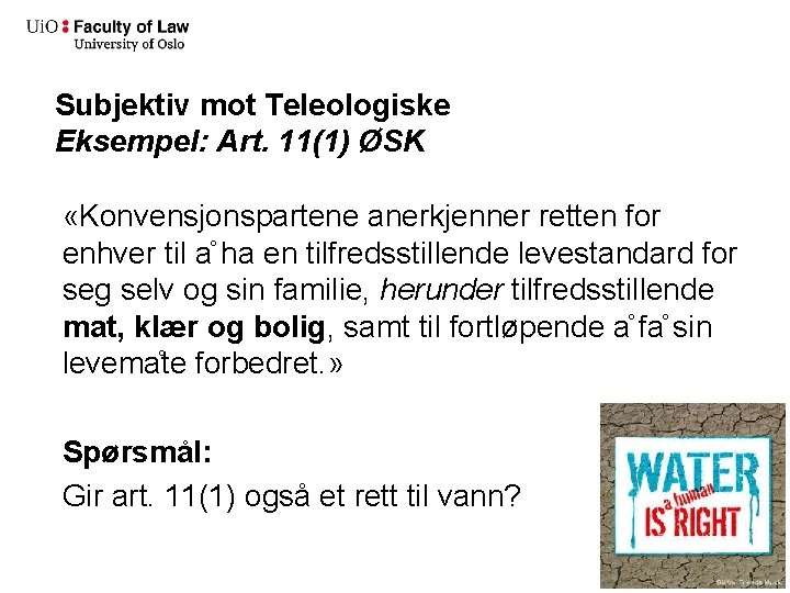 Subjektiv mot Teleologiske Eksempel: Art. 11(1) ØSK «Konvensjonspartene anerkjenner retten for enhver til a