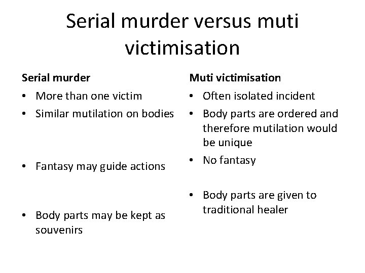 Serial murder versus muti victimisation Serial murder Muti victimisation • More than one victim