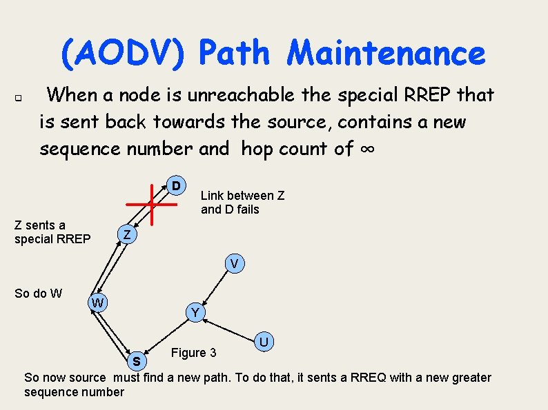 (AODV) Path Maintenance q When a node is unreachable the special RREP that is