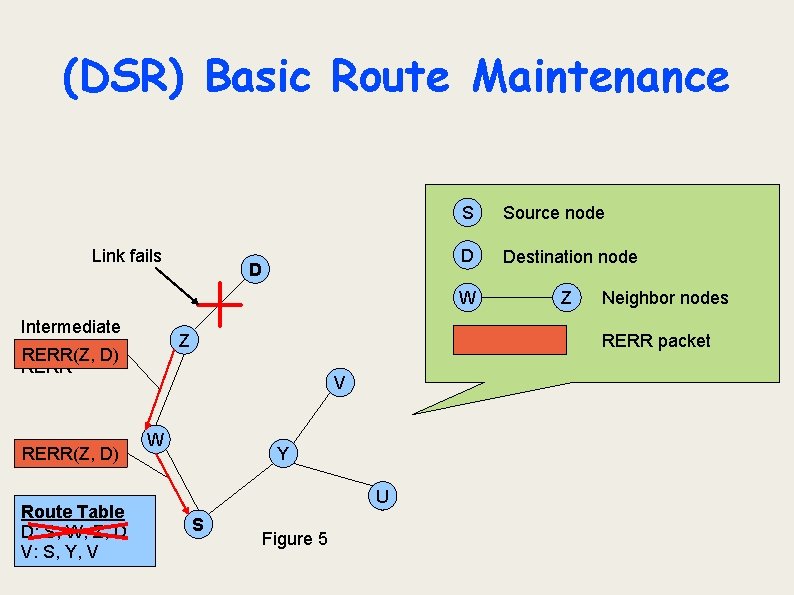 (DSR) Basic Route Maintenance Link fails Intermediate node sents. D)a RERR(Z, D) Route Table