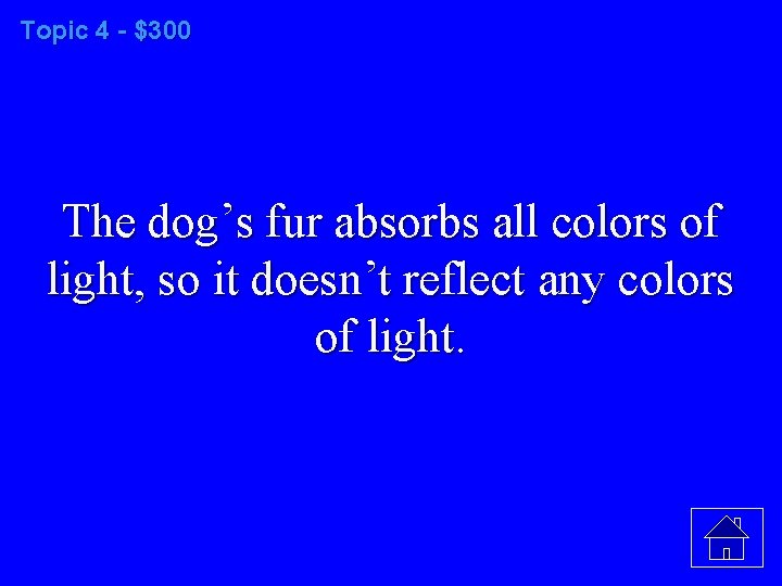 Topic 4 - $300 The dog’s fur absorbs all colors of light, so it