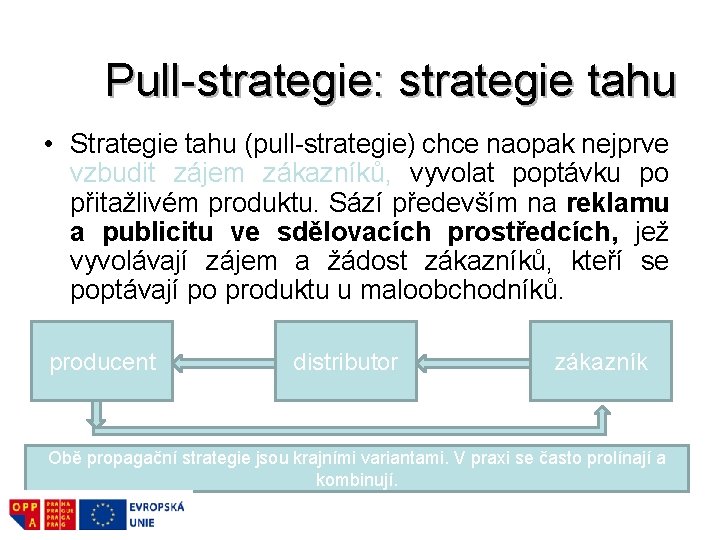 Pull-strategie: strategie tahu • Strategie tahu (pull-strategie) chce naopak nejprve vzbudit zájem zákazníků, vyvolat