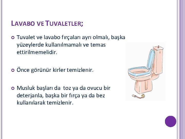 LAVABO VE TUVALETLER; Tuvalet ve lavabo fırçaları ayrı olmalı, başka yüzeylerde kullanılmamalı ve temas