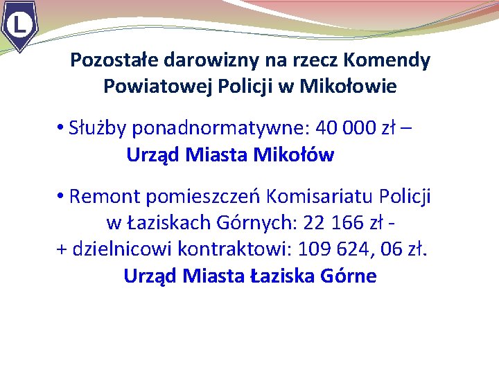 . Pozostałe darowizny na rzecz Komendy Powiatowej Policji w Mikołowie • Służby ponadnormatywne: 40