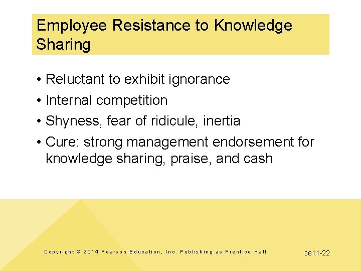 Employee Resistance to Knowledge Sharing • • Reluctant to exhibit ignorance Internal competition Shyness, Employee Resistance to Knowledge Sharing • • Reluctant to exhibit ignorance Internal competition Shyness,