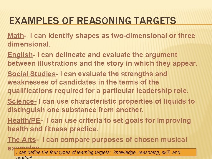 EXAMPLES OF REASONING TARGETS Math- I can identify shapes as two-dimensional or three dimensional.