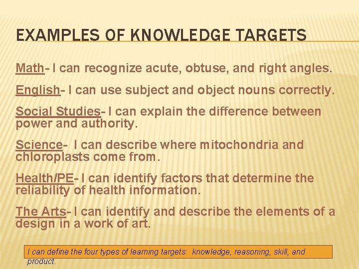 EXAMPLES OF KNOWLEDGE TARGETS Math- I can recognize acute, obtuse, and right angles. English-