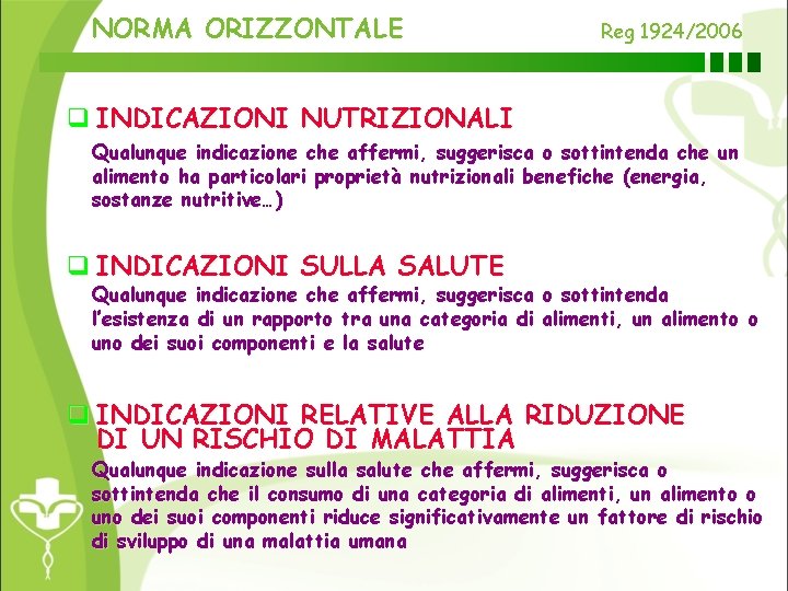 NORMA ORIZZONTALE Reg 1924/2006 q INDICAZIONI NUTRIZIONALI Qualunque indicazione che affermi, suggerisca o sottintenda