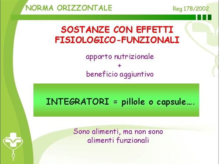 NORMA ORIZZONTALE Reg 178/2002 SOSTANZE CON EFFETTI FISIOLOGICO-FUNZIONALI apporto nutrizionale + beneficio aggiuntivo INTEGRATORI