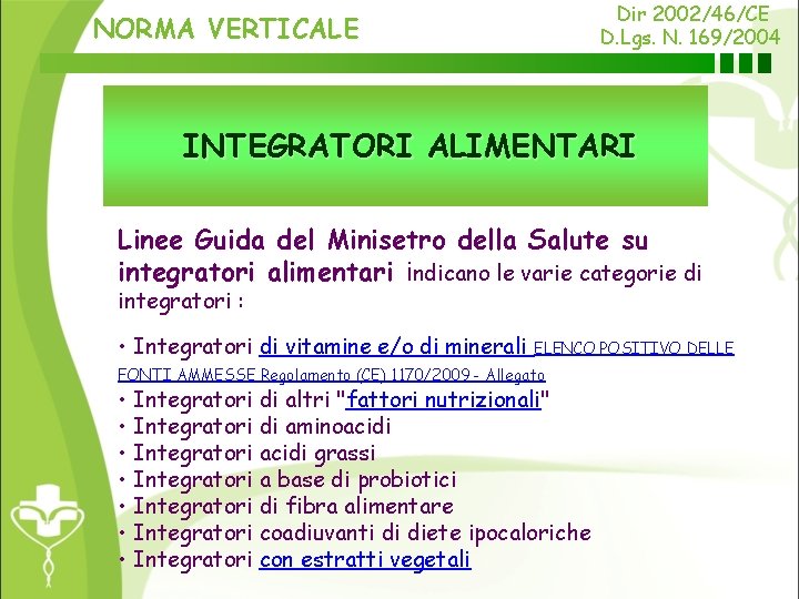 Dir 2002/46/CE D. Lgs. N. 169/2004 NORMA VERTICALE INTEGRATORI ALIMENTARI Linee Guida del Minisetro