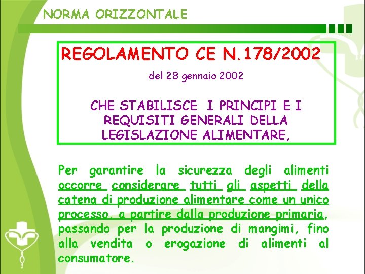 NORMA ORIZZONTALE REGOLAMENTO CE N. 178/2002 del 28 gennaio 2002 CHE STABILISCE I PRINCIPI