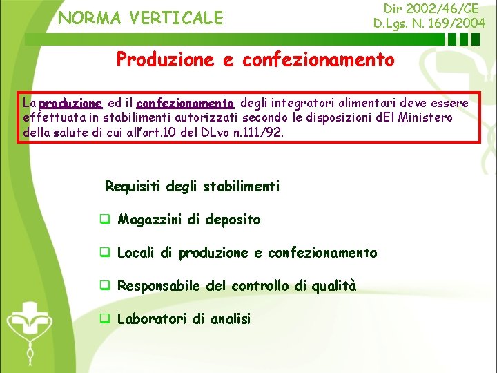 NORMA VERTICALE Dir 2002/46/CE D. Lgs. N. 169/2004 Produzione e confezionamento La produzione ed