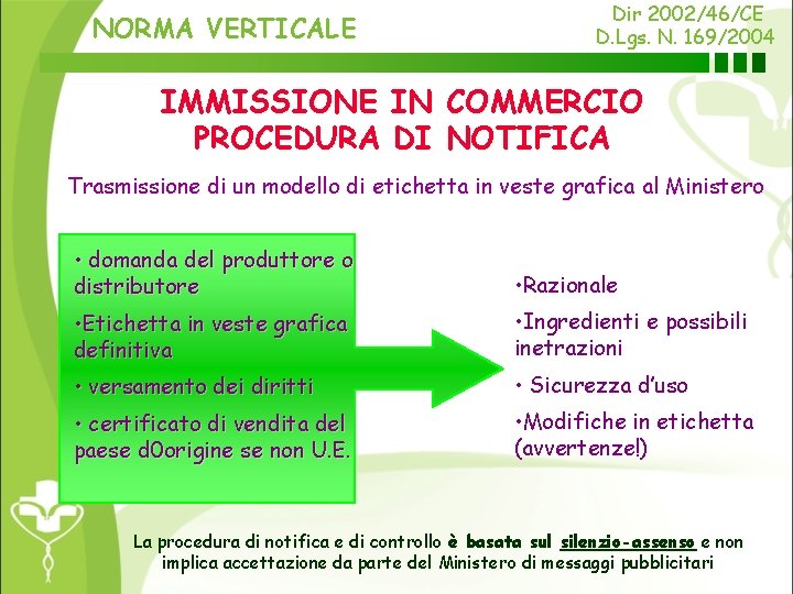 NORMA VERTICALE Dir 2002/46/CE D. Lgs. N. 169/2004 IMMISSIONE IN COMMERCIO PROCEDURA DI NOTIFICA