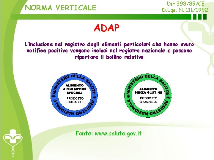 NORMA VERTICALE Dir 398/89/CE D. Lgs. N. 111/1992 ADAP L’inclusione nel registro degli alimenti