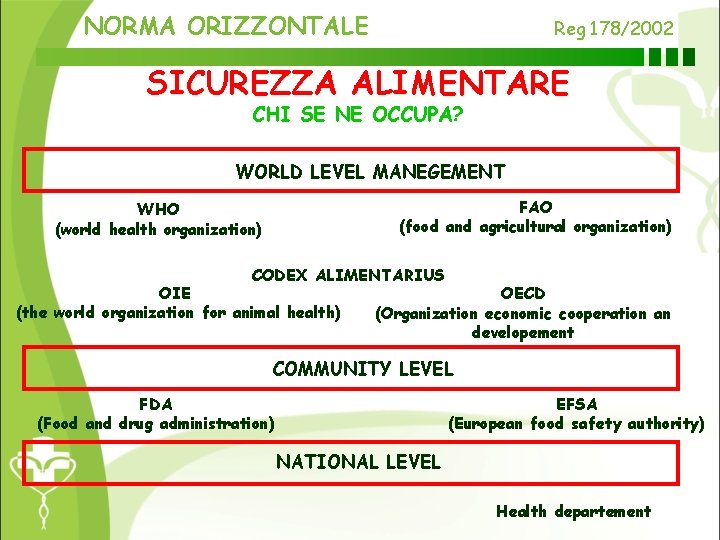 NORMA ORIZZONTALE Reg 178/2002 SICUREZZA ALIMENTARE CHI SE NE OCCUPA? WORLD LEVEL MANEGEMENT FAO