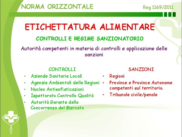 NORMA ORIZZONTALE Reg 1169/2011 ETICHETTATURA ALIMENTARE CONTROLLI E REGIME SANZIONATORIO Autorità competenti in materia