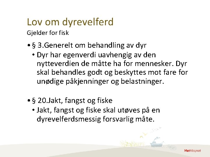 Lov om dyrevelferd Gjelder for fisk • § 3. Generelt om behandling av dyr