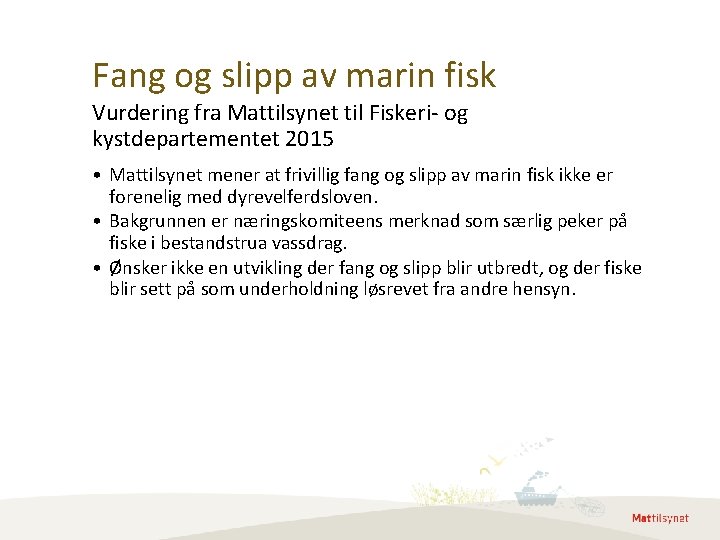 Fang og slipp av marin fisk Vurdering fra Mattilsynet til Fiskeri- og kystdepartementet 2015