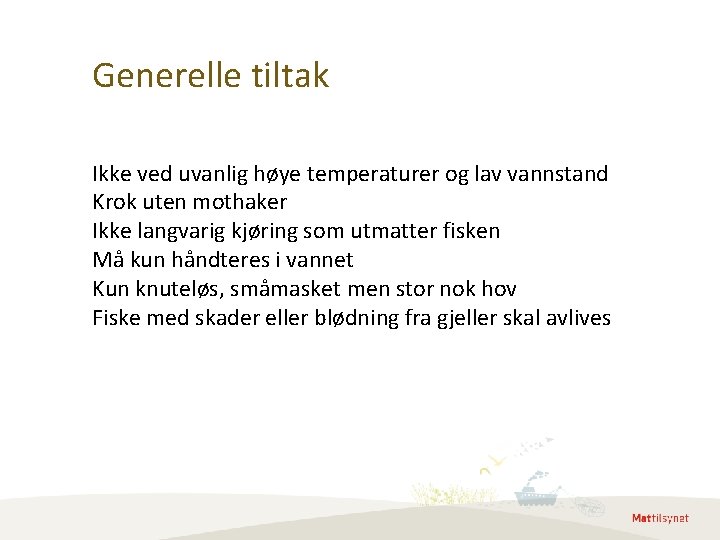 Generelle tiltak Ikke ved uvanlig høye temperaturer og lav vannstand Krok uten mothaker Ikke