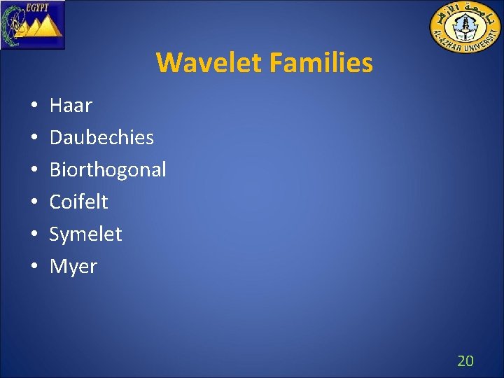 Wavelet Families • • • Haar Daubechies Biorthogonal Coifelt Symelet Myer 20 