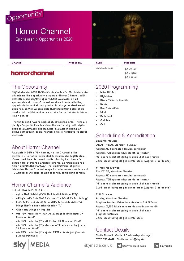 Horror Channel Sponsorship Opportunities 2020 Channel Investment Start Platforms Available now On-air Digital Social