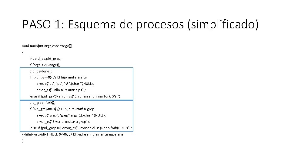 PASO 1: Esquema de procesos (simplificado) void main(int argc, char *argv[]) { int pid_ps,
