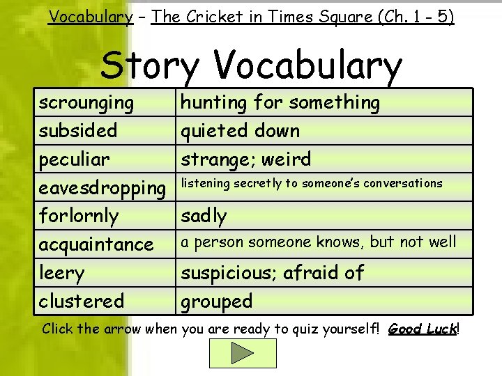 Vocabulary – The Cricket in Times Square (Ch. 1 - 5) Story Vocabulary scrounging Vocabulary – The Cricket in Times Square (Ch. 1 - 5) Story Vocabulary scrounging