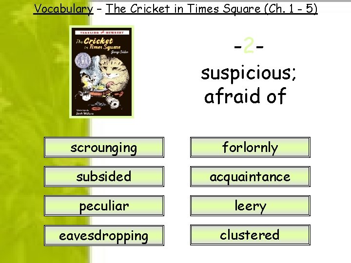 Vocabulary – The Cricket in Times Square (Ch. 1 - 5) -2 - suspicious; Vocabulary – The Cricket in Times Square (Ch. 1 - 5) -2 - suspicious;
