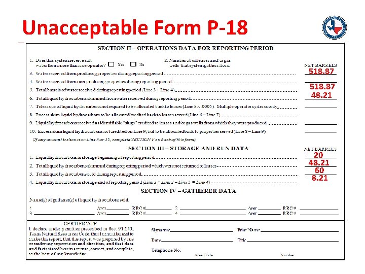 Unacceptable Form P-18 518. 87 48. 21 20 48. 21 60 8. 21 