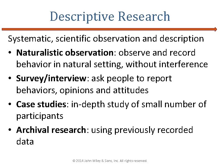 Descriptive Research Systematic, scientific observation and description • Naturalistic observation: observe and record behavior Descriptive Research Systematic, scientific observation and description • Naturalistic observation: observe and record behavior